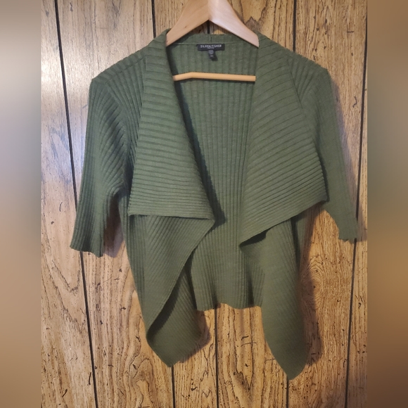 EILEEN FISHER Green Ribbed Merino Wool Open Draped Cardigan - Medium - Picture 1 of 5